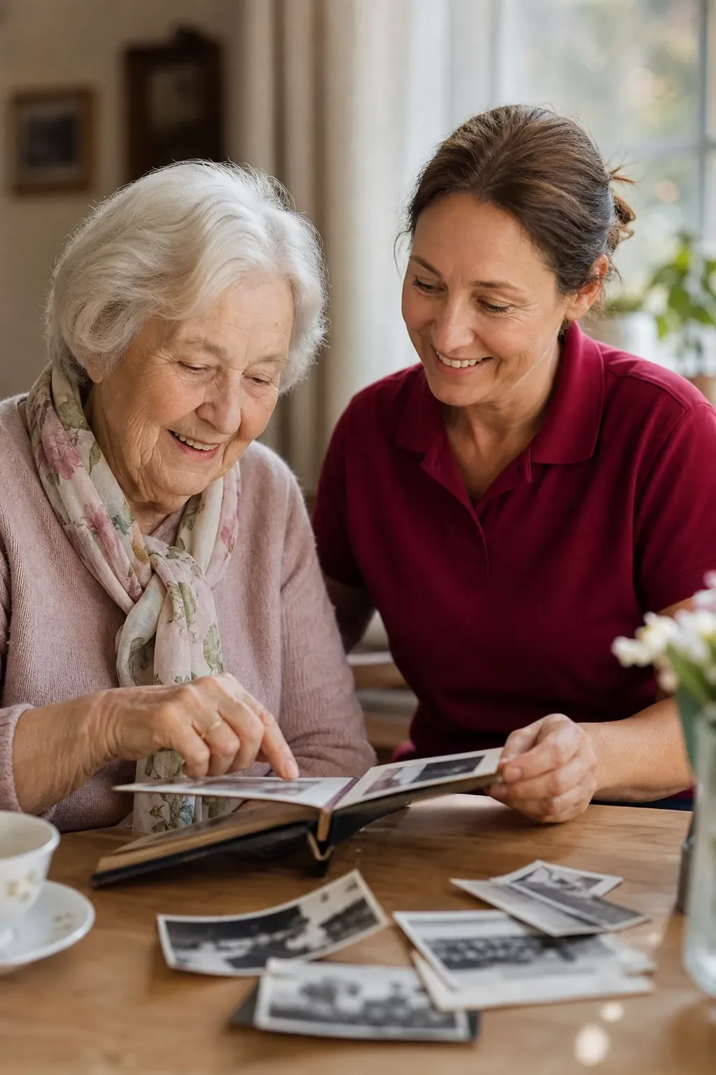 Symbolbild: Seniorin und Alltagshelferin betrachten alte Fotos