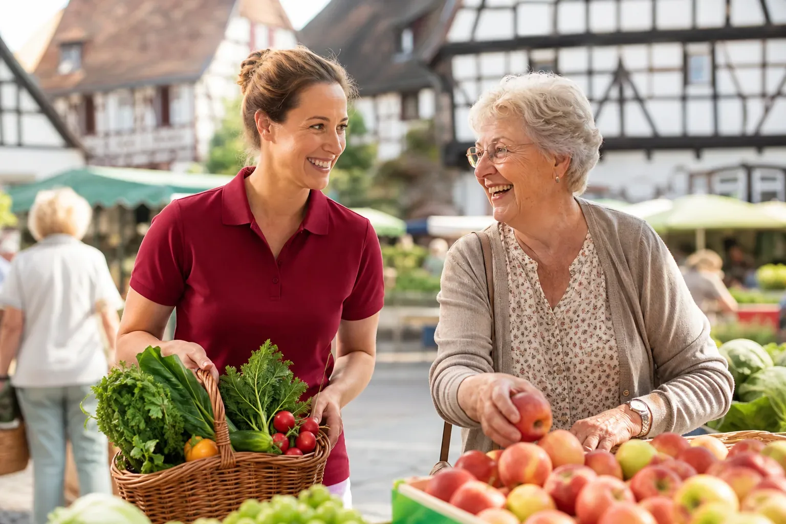 Symbolbild: Alltagshelferin begleitet eine Seniorin beim Einkauf auf dem Wochenmarkt