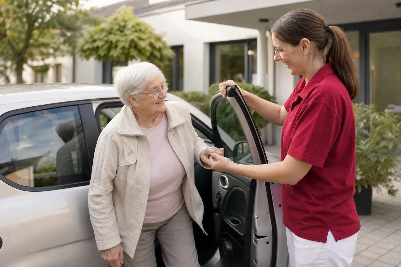 Symbolbild: Fahrdienst, Begleiterin hilft einer Seniorin vor der Arztpraxis aus dem Auto