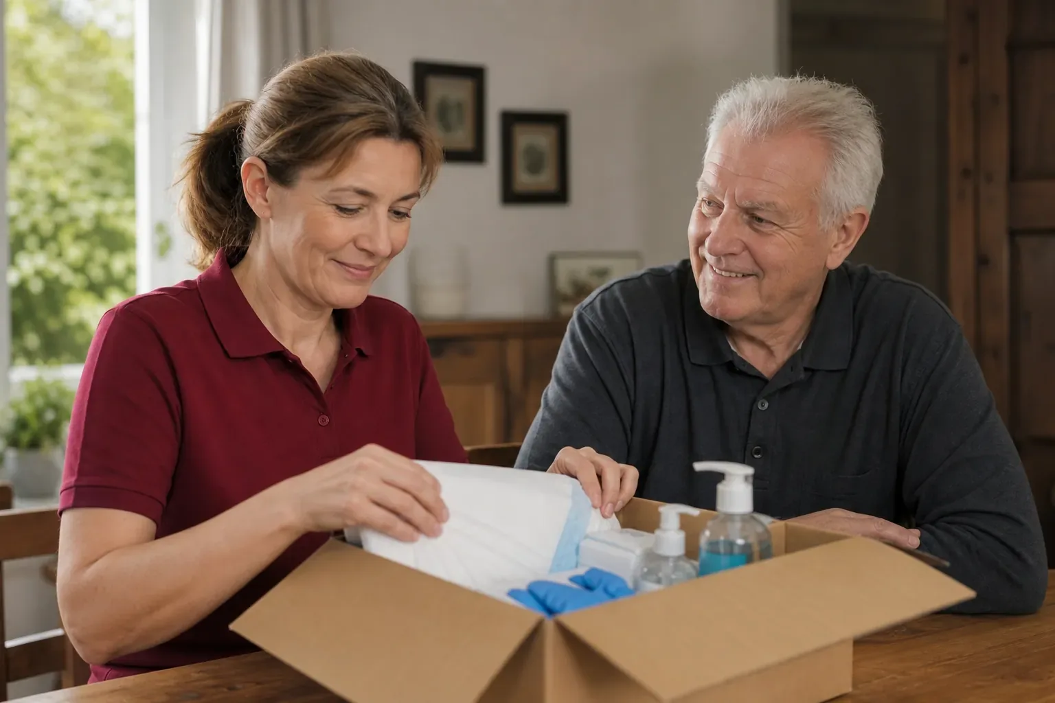 Symbolbild: Pflegende Tochter packt mit ihrem Vater eine Pflegebox aus