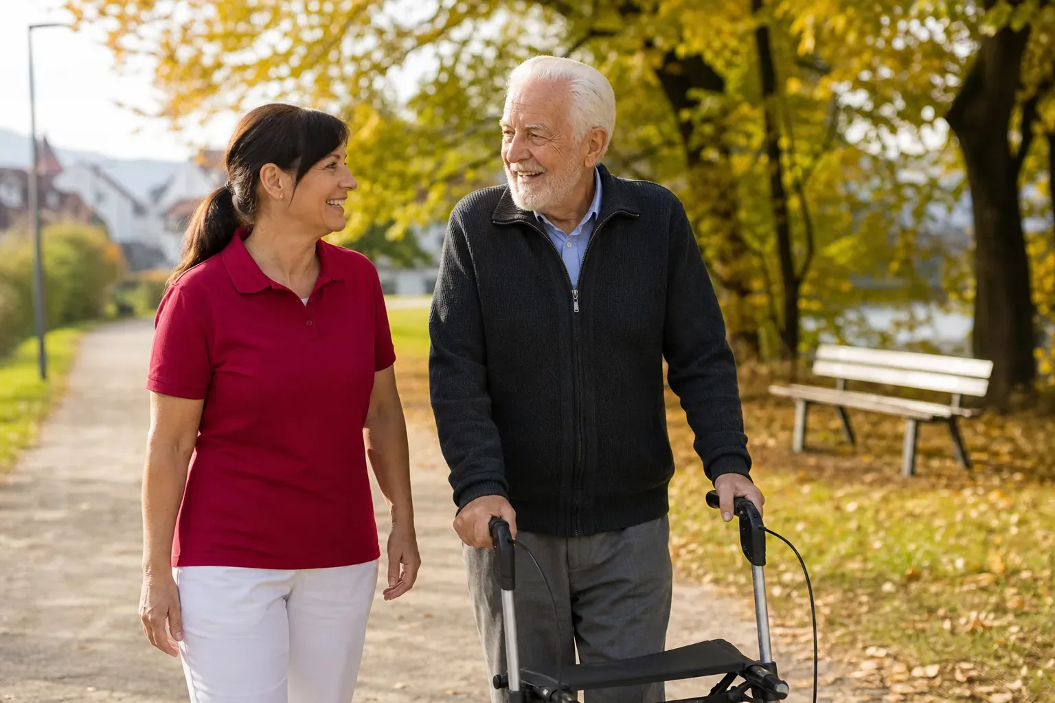 Symbolbild: Alltagsbegleiterin geht mit einem Senior mit Rollator im Park spazieren