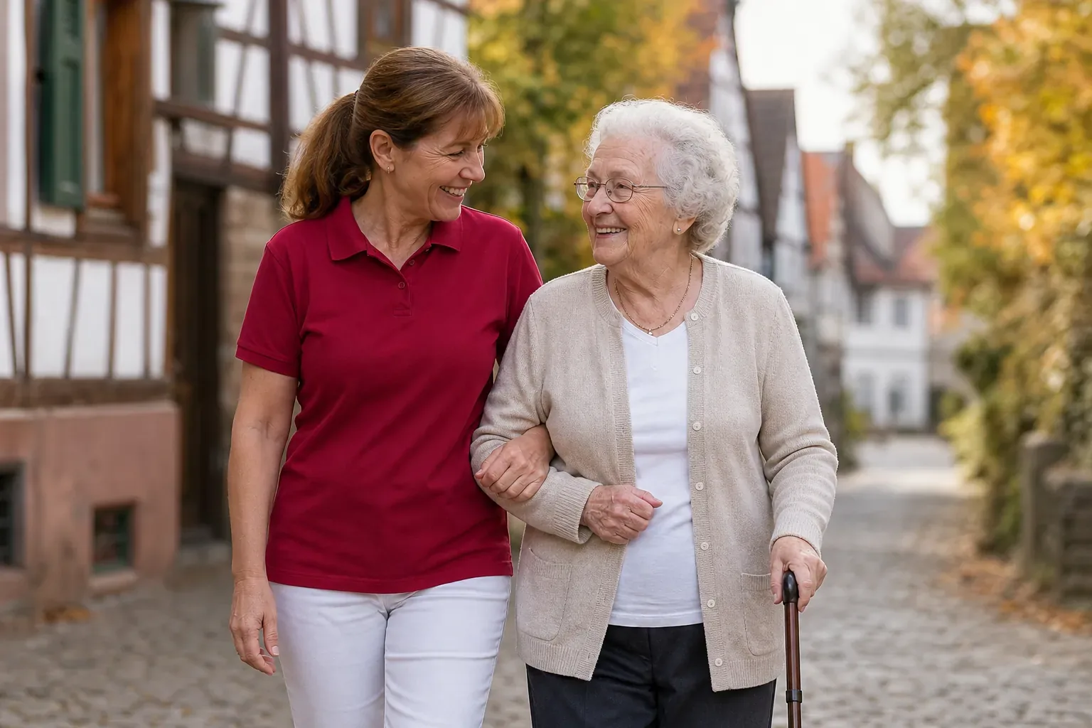 Symbolbild: Alltagsbegleiterin geht mit einer Seniorin untergehakt durch die Stadt