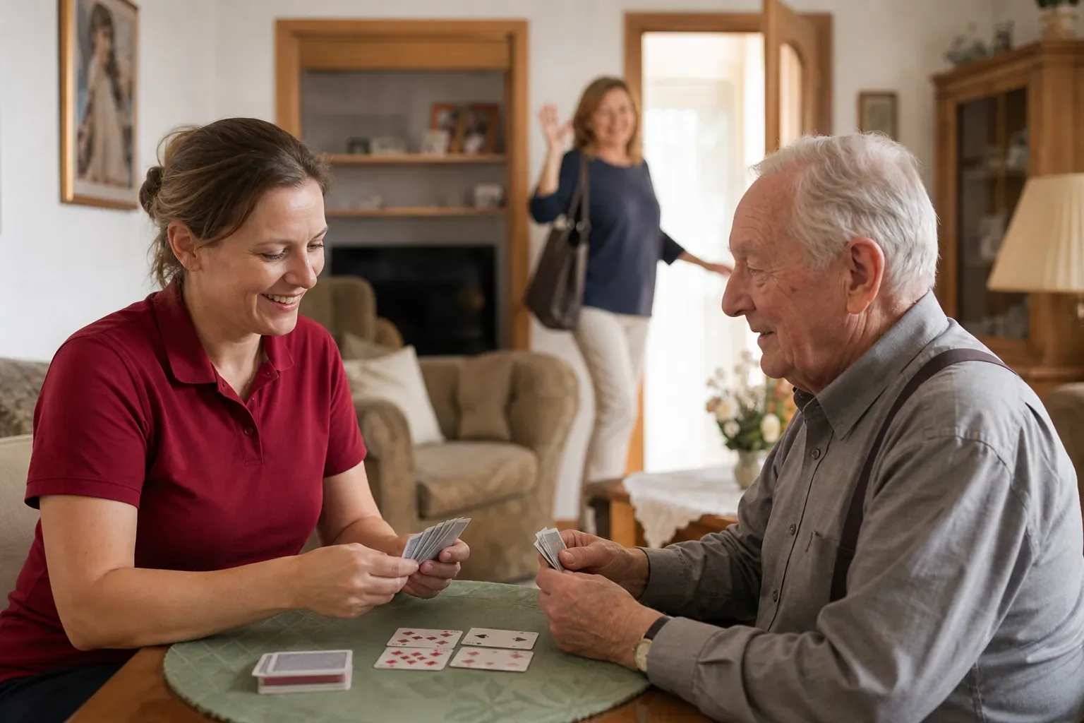 Symbolbild: Alltagshelferin spielt Karten mit einem Senior, die Tochter verabschiedet sich