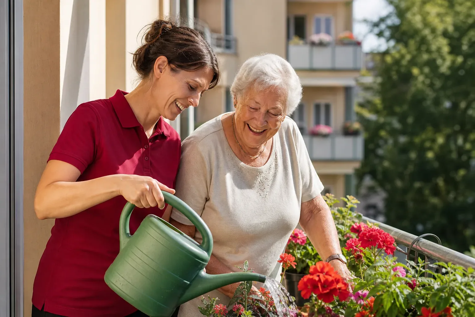 Symbolbild: Alltagshelferin und Seniorin gießen gemeinsam Blumen auf dem Balkon